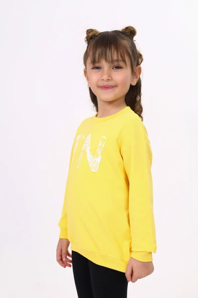 Toontoy Kız Çocuk Relax Fit Bisiklet Yaka Hafif Düşük Omuz Baskılı Sweatshirt - 2 İplik ürün görseli 1