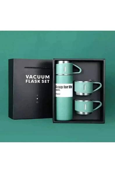 Vakumlu Çay Kahve Sıcak Soğuk Yeşil Piknik Kamp Termosu Paslanmaz Çelik 3 Bardaklı 500ML Termos Seti ürün görseli 1