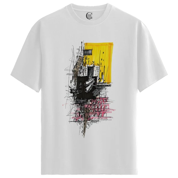 Abstract City - %100 Pamuklu Erkek Beyaz Tişört - Premium Quality ürün görseli 1