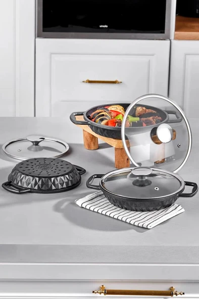 Taç Bella Döküm Cam Kapaklı 3'lü Sahan Seti 18-20-22 Cm TAC-8063 ürün görseli 1