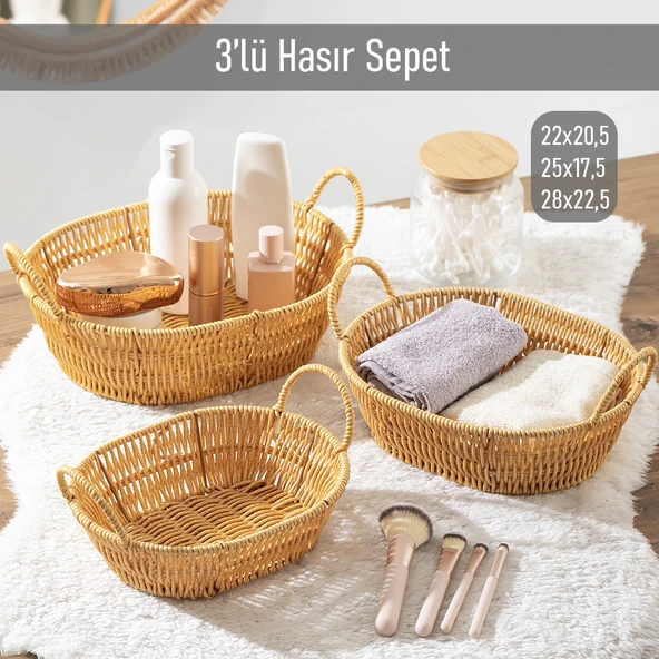 Porsima 302-B Oval 3'lü Hasır Sepet Dekoratif Ev Düzenleyici Kendinden Kulplu Hasır Sepet Seti Banyo Düzenleyici Sepet ürün görseli 1