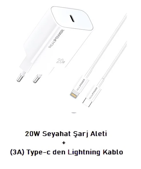 Realpower 20W Seyahat Şarj Aleti Type-C + (3A) Type-c den Lightning Kablo ürün görseli 1