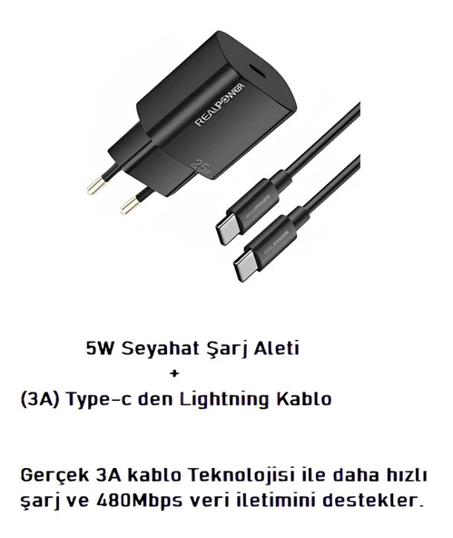 Realpower 25W Seyahat Şarj Aleti  Type-C + (3A) Type-c den Lightning Kablo ürün görseli 1