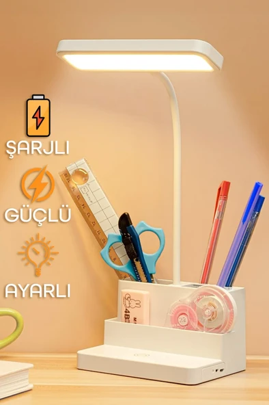 Şarjlı Masa Lambası - 3 Renk Dokunmatik Telefon Standlı 400 Lümen USB Şarjlı Göz Yormayan Işık ürün görseli 1
