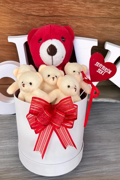 SOLE Premium Özel Kutusunda Kırmızı Ayıcık ve  Ekru Peluş Ayıcık Buketi, Sevgiliye, Doğum Gününe Hediye ürün görseli 1