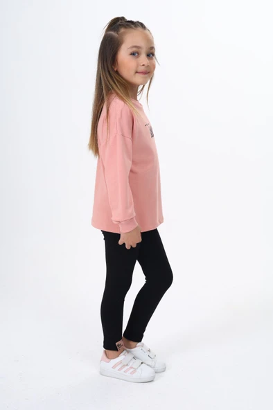 Toontoy Kız Çocuk 2'li Takım Baskılı Bisiklet Yaka Sweatshirt & Basic Düz Tayt ürün görseli 1