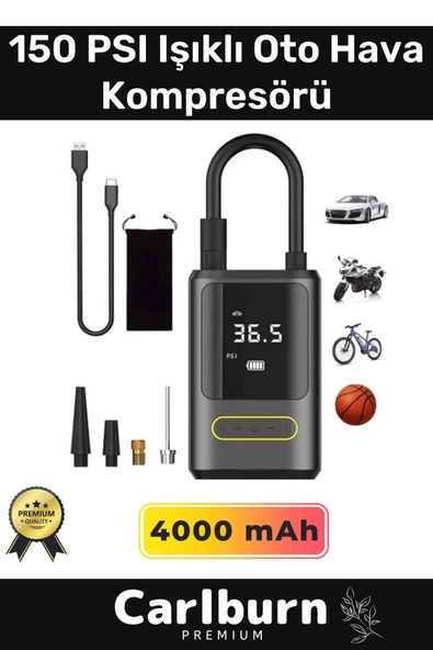 Premium Kablosuz Oto Araç Mini 4000mAh Powerbank 150 PSI Işıklı Aydınlatmalı Oto Hava Kompresörü ürün görseli 1
