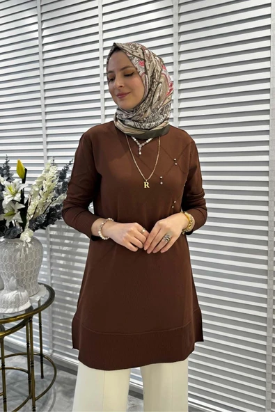 Gonca Taşlı Triko Tunik Kahve - Resim 2
