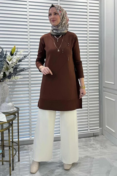 Gonca Taşlı Triko Tunik Kahve - Resim 3