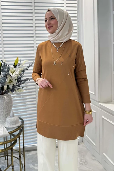 Gonca Taşlı Triko Tunik Camel - Resim 6