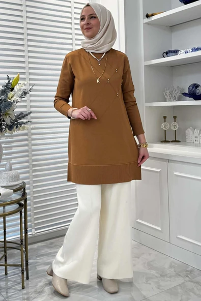 Gonca Taşlı Triko Tunik Camel - Resim 9