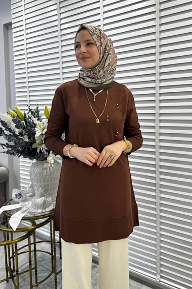 Gonca Taşlı Triko Tunik Kahve - Resim 6
