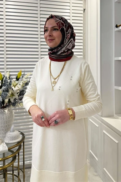 Gonca Taşlı Triko Tunik Ekru - Resim 2