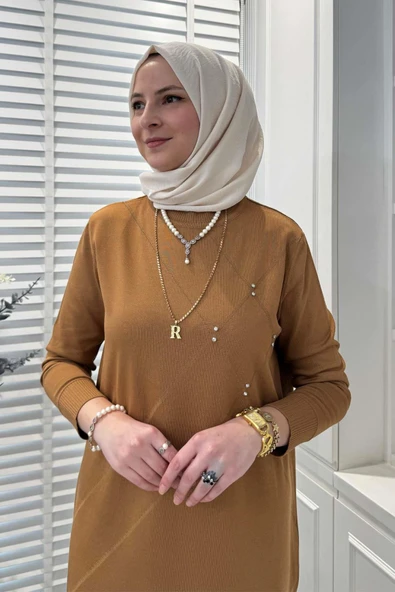 Gonca Taşlı Triko Tunik Camel - Resim 2
