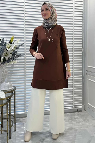 Gonca Taşlı Triko Tunik Kahve - Resim 7