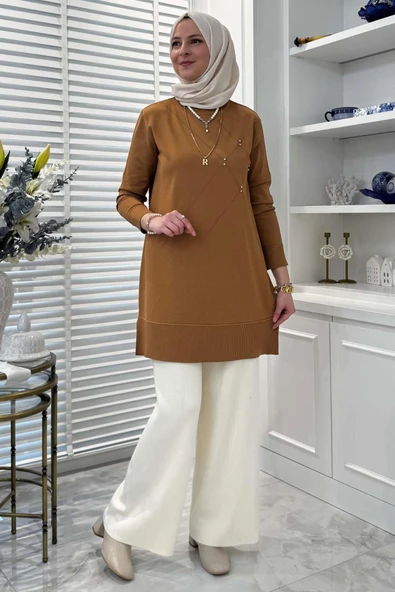Gonca Taşlı Triko Tunik Camel - Resim 5