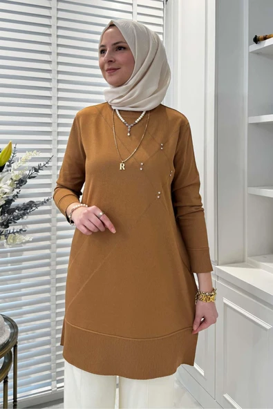 Gonca Taşlı Triko Tunik Camel - Resim 4