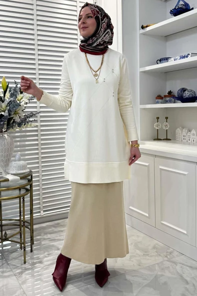 Gonca Taşlı Triko Tunik Ekru - Resim 5