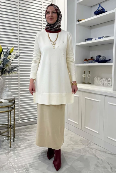 Gonca Taşlı Triko Tunik Ekru - Resim 6