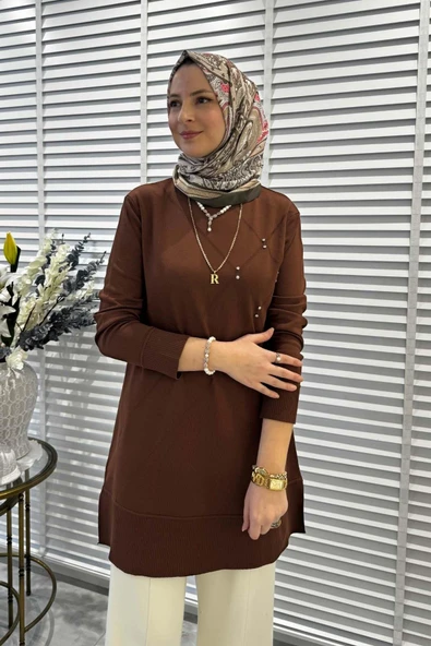 Gonca Taşlı Triko Tunik Kahve - Resim 4