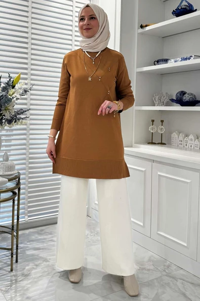 Gonca Taşlı Triko Tunik Camel - Resim 3