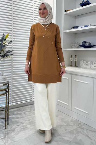 Gonca Taşlı Triko Tunik Camel ürün görseli 1