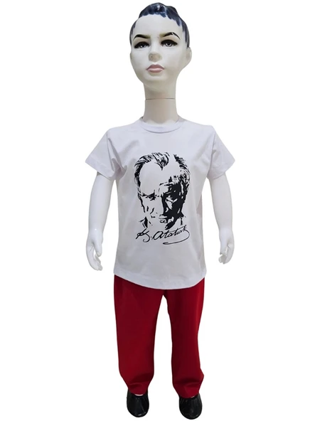 Atatürk Baskılı Beyaz Tişört Kırmızı Pantolon Takım ürün görseli 1
