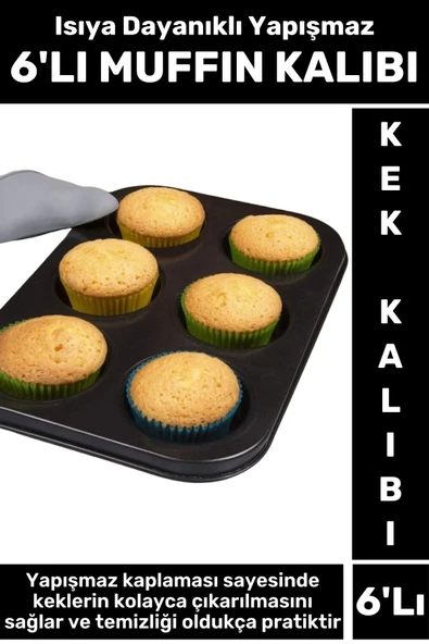 Premium Isıya Dayanıklı Yapışmaz Kolay Temizlenir Kek Brownie Cupcake 6'lı Muffin Kek Kalıbı ürün görseli 1