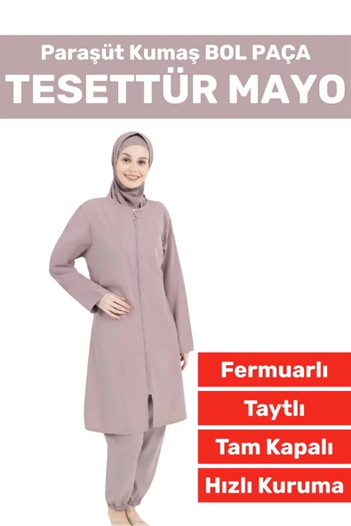 Özel Üretim Yüksek Kalite Konforlu Fermuarlı Taytlı Tam Kapalı Paraşüt Kumaş Bol Paça TESETTÜR MAYO ürün görseli 1