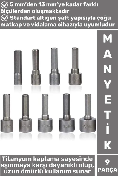 Premium Uzun Ömürlü Aşınmaya Dayanıklı Matkap Vidalama 5 Mm-13 Mm 9 Parça Manyetik Somun Adaptörü ürün görseli 1