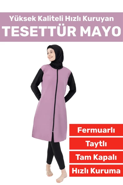 Özel Üretim Yüksek Kaliteli Konforlu Fermuarlı Taytlı Tam Kapalı Yüzücü Deniz Havuz TESETTÜR MAYO ürün görseli 1