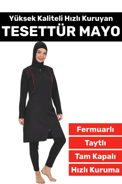 Özel Üretim Yüksek Kaliteli Konforlu Fermuarlı Taytlı Tam Kapalı Deniz Havuz Yüzücü TESETTÜR MAYO ürün görseli 1