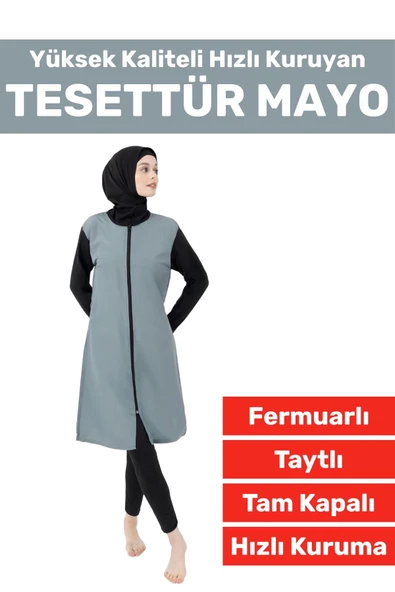 Özel Üretim Yüksek Kaliteli Konforlu Fermuarlı Taytlı Tam Kapalı Yüzücü Deniz Havuz TESETTÜR MAYO ürün görseli 1
