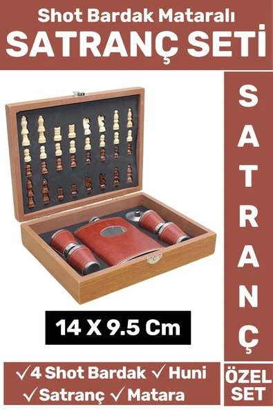 Premium Yüksek Kalite Alkol Konyak Matara 4 Shot Bardak Huni Setli Ahşap Kutulu Satranç Takımı Seti ürün görseli 1