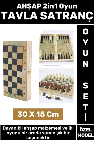Premium Yüksek Kaliteli Arkadaş Oyun Hediyelik Çok Şık Ahşap Tavla Satranç 2in1 Oyun Seti 30 X 15 Cm ürün görseli 1