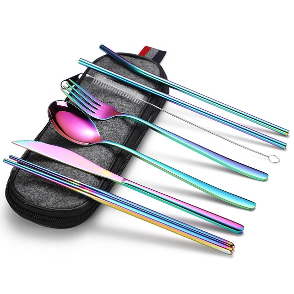 Valkyrie 8 Parça Çantalı Yolculuk Çatal Bıçak Kaşık Pipet Chopstick Seti Kamp Okul Ofis Tatil Paslanmaz Çelik Renkli ürün görseli 1