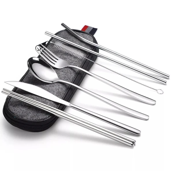Valkyrie 8 Parça Çantalı Yolculuk Çatal Bıçak Kaşık Pipet Chopstick Seti Kamp Okul Ofis Tatil Paslanmaz Çelik Metal ürün görseli 1