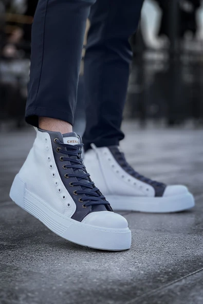 Fermuarlı Bağcık Detaylı Erkek Sneaker Bot Beyaz Antrasit ürün görseli 1