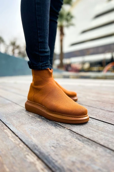 Düz Triko Erkek Sneaker Bot Taba - Resim 4