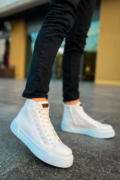 Fermuarlı Bağcık Detaylı Erkek Sneaker Bot Beyaz Beyaz ürün görseli 1