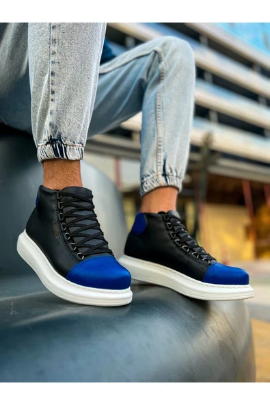 Bağcıklı Erkek Sneaker Bot Siyah Saks Mavi ürün görseli 1