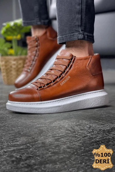 Bağcıklı Hakiki Deri Erkek Sneaker Bot Taba - Resim 2