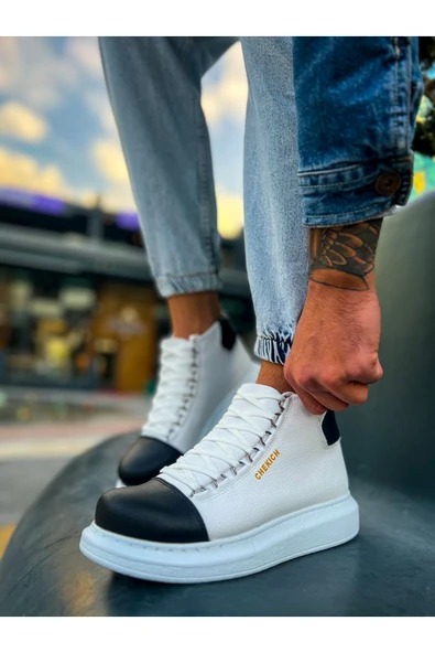 Bağcıklı Erkek Sneaker Bot Beyaz Siyah - Resim 3