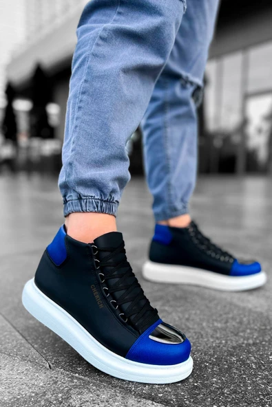 Bağcıklı Erkek Sneaker Bot Siyah Saks Mavi ürün görseli 1