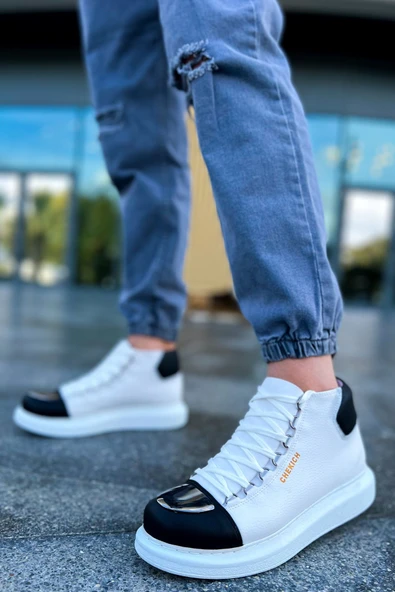 Bağcıklı Erkek Sneaker Bot Beyaz Siyah - Resim 4