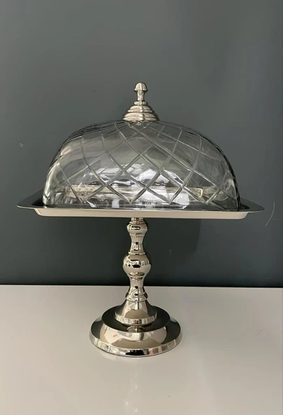 LAMEDORE KARE AYAKLI CAM KAPAKLI KEK STANDI NİKEL 24X24X35 CM ürün görseli 1