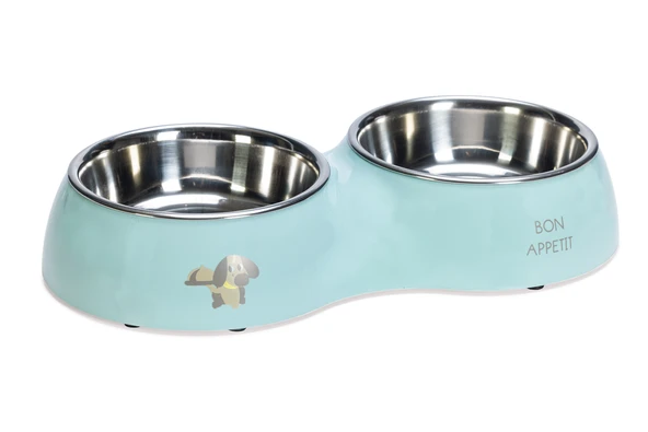 Beeztees Köpek İkili Mama ve Su Kabı, Paslanmaz Çelik, Turkuaz, 34x17,5cm, 2x350ml ürün görseli 1