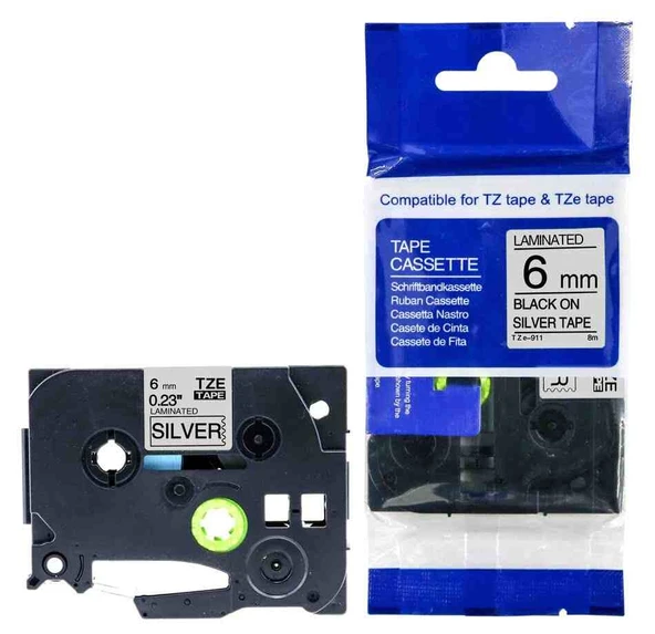 Tonersepeti Brother TZe-911  Gümüş Üzerine Siyah Muadil  Etiket  6mm ürün görseli 1