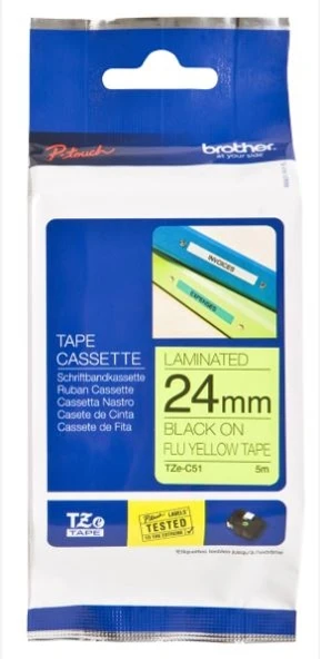 Tonersepeti Brother P-Touch TZE-C51 TZE-TAPE 24 MM Sarı üzerine Siyah Fosforlu Laminasyonlu Etiket ürün görseli 1