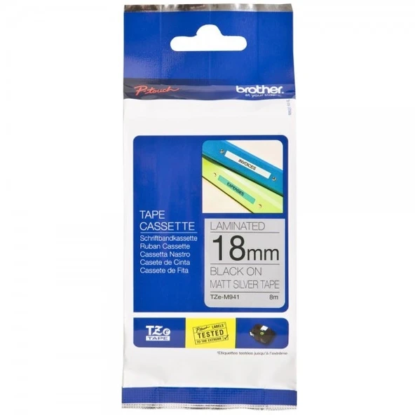 Tonersepeti Brother TZe-M941 18mm Mat Gümüş üzerine Siyah Laminasyonlu Etiket ürün görseli 1